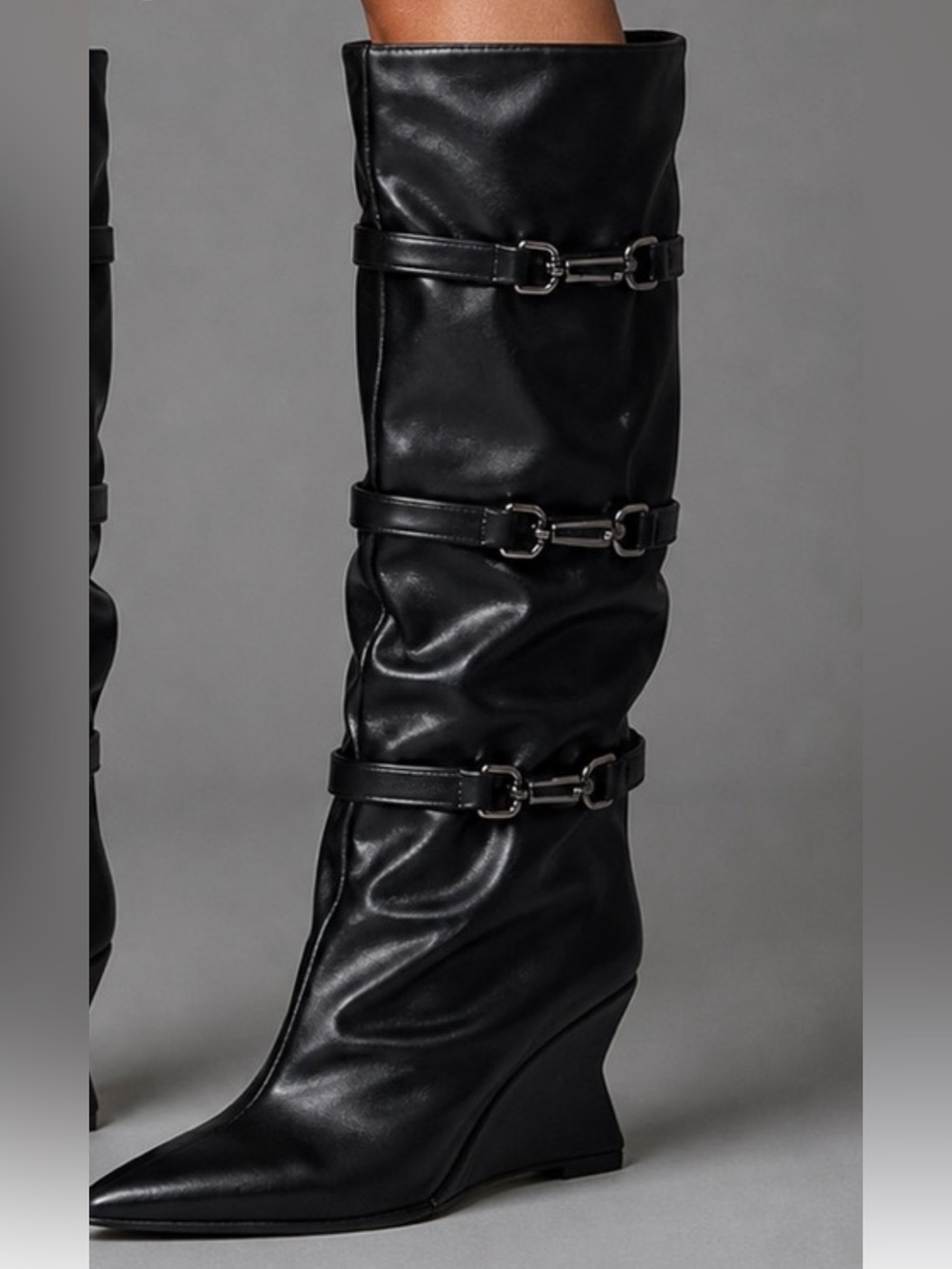 Black Kullervo Slouchy Wedge Knee-High Boots Buckle Detail Pointed Toe NIB